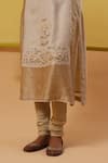 Shop_Sue Mue_Beige Handwoven Silk Chanderi Embroidery Thread V Neck Liba Kurta Set _Online_at_Aza_Fashions