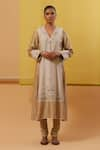 Sue Mue_Beige Handwoven Silk Chanderi Embroidery Thread V Neck Liba Kurta Set _at_Aza_Fashions