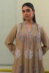 Buy_Sue Mue_Beige Handwoven Chanderi Mulmul Embroidery Thread Aafia Kurta Pant Set _Online_at_Aza_Fashions