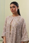 Buy_Sue Mue_Beige Pure Silk Georgette Embroidery Aari Round Myra Sequin Cape Pant Set _Online_at_Aza_Fashions