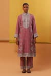 Shop_Sue Mue_Pink Pure Silk Organza Embroidery Pitta Band Collar Alizha Floral Kurta Set _Online_at_Aza_Fashions