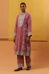 Sue Mue_Pink Pure Silk Organza Embroidery Pitta Band Collar Alizha Floral Kurta Set _at_Aza_Fashions