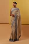 Buy_Sue Mue_Beige Pure Silk Georgette Embroidery Thread Boat Sidra Stripe Saree With Blouse _at_Aza_Fashions