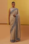 Sue Mue_Beige Pure Silk Georgette Embroidery Thread Boat Sidra Stripe Saree With Blouse _at_Aza_Fashions