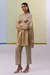 Buy_Sue Mue_Beige Pure Silk Satin Embroidery Thread Band Aafa Sleeve Shirt Kurta Pant Set 