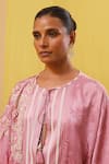 Shop_Sue Mue_Pink Pure Satin Jacquard Embroidery Floral Applique Round Jafna Work Kurta Set _Online_at_Aza_Fashions