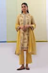 Buy_Sue Mue_Yellow Pure Silk Georgette Embroidery Thread Band Collar Nuha Kurta Set _at_Aza_Fashions