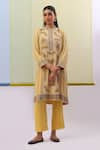 Shop_Sue Mue_Yellow Pure Silk Georgette Embroidery Thread Band Collar Nuha Kurta Set _Online_at_Aza_Fashions