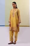 Shop_Sue Mue_Yellow Pure Silk Organza Embroidery Thread Round Mahiz Sequin Work Kurta Set 