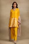 Trendy tokari_Yellow Silk Chanderi Woven Floral Brocade V Neck Pattern Kurta And Pant Set _Online_at_Aza_Fashions