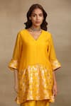 Shop_Trendy tokari_Yellow Silk Chanderi Woven Floral Brocade V Neck Pattern Kurta And Pant Set _Online_at_Aza_Fashions