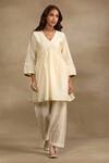 Shop_Trendy tokari_Ivory Silk Chanderi Placement Embroidery Cutdana V Neck Flared Kurta Pant Set _at_Aza_Fashions