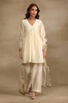 Trendy tokari_Ivory Silk Chanderi Placement Embroidery Cutdana V Neck Flared Kurta Pant Set _Online_at_Aza_Fashions