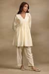 Buy_Trendy tokari_Ivory Silk Chanderi Placement Embroidery Cutdana V Neck Flared Kurta Pant Set _Online_at_Aza_Fashions