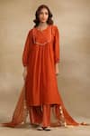 Trendy tokari_Orange Silk Chanderi Embroidered Yoke Sequin Round Neck Kurta Pant Set _Online_at_Aza_Fashions