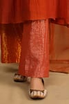 Trendy tokari_Orange Silk Chanderi Embroidered Yoke Sequin Round Neck Kurta Pant Set _at_Aza_Fashions