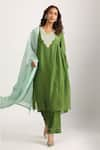 Buy_Trendy tokari_Green Silk Chanderi Placement Woven Flower Yoke Side Gathered Kurta Pant Set _at_Aza_Fashions