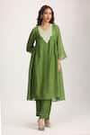 Trendy tokari_Green Silk Chanderi Placement Woven Flower Yoke Side Gathered Kurta Pant Set _Online_at_Aza_Fashions