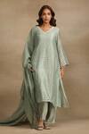 Buy_Trendy tokari_Green Chanderi Tissue Woven Stripe V Neck Pattern Kurta Pant Set _at_Aza_Fashions