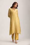 Buy_Trendy tokari_Yellow Chanderi Tissue Woven Stripe V Neck Straight Pattern Kurta Pant Set _at_Aza_Fashions