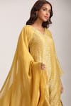 Trendy tokari_Yellow Chanderi Tissue Woven Stripe V Neck Straight Pattern Kurta Pant Set _Online_at_Aza_Fashions