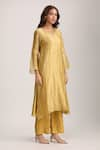 Buy_Trendy tokari_Yellow Chanderi Tissue Woven Stripe V Neck Straight Pattern Kurta Pant Set _Online_at_Aza_Fashions