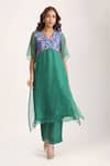 Buy_Trendy tokari_Green Organza Placement Woven Floral Flower Vine Pattern Yoke Kurta With Pant _at_Aza_Fashions