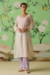 Buy_Nimbus_Pink Kurta Chanderi And Kota Cotton Hand Embroidered Tikki U Checks Print Set _at_Aza_Fashions