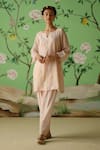 Buy_Nimbus_Peach Kurta Chanderi Hand Embroidered Sequins Notched A-line With Pant _at_Aza_Fashions