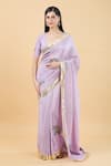 Samyukta Singhania_Purple Tissue Handpainted Lace Plunge V-neck Elephant Saree With Blouse _Online_at_Aza_Fashions