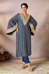 Buy_Masaba_Blue Raw Silk Print Sequin V-neck Pixie Dust Tunic With Embroidered Border Pant _at_Aza_Fashions