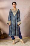 Masaba_Blue Raw Silk Print Sequin V-neck Pixie Dust Tunic With Embroidered Border Pant _Online_at_Aza_Fashions