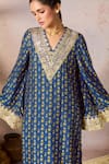 Masaba_Blue Raw Silk Print Sequin V-neck Pixie Dust Tunic With Embroidered Border Pant _at_Aza_Fashions