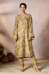 Masaba_Beige Raw Silk Print Sequin V-neck Midnight Maze Tunic With Pant _Online_at_Aza_Fashions