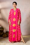 Masaba_Pink Crepe Silk Print Trinkets V-neck Slit Kaftan _Online_at_Aza_Fashions