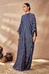 Masaba_Blue Crepe Silk Print Palmscape Round Gathered Kaftan _Online_at_Aza_Fashions