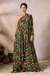 Buy_Masaba_Green Crepe Silk Print Midnight Maze One Shoulder Dress _at_Aza_Fashions