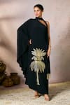 Masaba_Black Crepe Silk Foil Print Tropical One Shoulder Asymmetric Kaftan _Online_at_Aza_Fashions