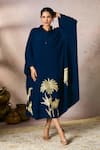 Buy_Masaba_Blue Crepe Silk Foil Print Palm Shirt Collar Kaftan _at_Aza_Fashions