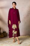 Buy_Masaba_Wine Crepe Silk Foil Print Palm Shirt Collar Placed Kaftan _at_Aza_Fashions