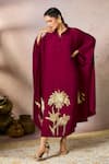 Buy_Masaba_Wine Crepe Silk Foil Print Palm Shirt Collar Placed Kaftan _Online_at_Aza_Fashions