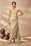 Masaba_Beige Raw Silk Embroidered Dori Sequin Corset Printed Draped Skirt Set _Online_at_Aza_Fashions