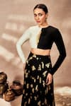 Masaba_Black Raw Silk Embroidered Potters Touch Colour Block Blouse With Printed Skirt _at_Aza_Fashions