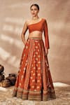 Buy_Masaba_Red Raw Silk Print Travellers Palm One Shoulder Neck Foil Kalidar Lehenga Set _at_Aza_Fashions