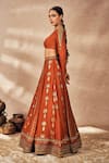 Masaba_Red Raw Silk Print Travellers Palm One Shoulder Neck Foil Kalidar Lehenga Set _Online_at_Aza_Fashions