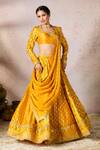 Shop_Masaba_Yellow Raw Silk Print Pixie Dust Nomadic Tribe Leaf Neck Lehenga Set _Online_at_Aza_Fashions