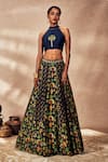 Buy_Masaba_Blue Raw Silk Print Nomadic Tribe Halter Neck Kalidar Lehenga Set _at_Aza_Fashions