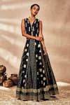 Buy_Masaba_Black Raw Silk Print Foil V Neck Palmscape Trinkets Kalidar Lehenga Set _at_Aza_Fashions