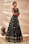 Shop_Masaba_Black Raw Silk Print Foil V Neck Palmscape Trinkets Kalidar Lehenga Set _Online_at_Aza_Fashions