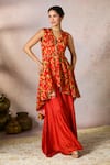 Buy_Masaba_Red Raw Silk Printed Gota V Neck Nomadic Tribe Asymmetric Tunic And Sharara Set _at_Aza_Fashions